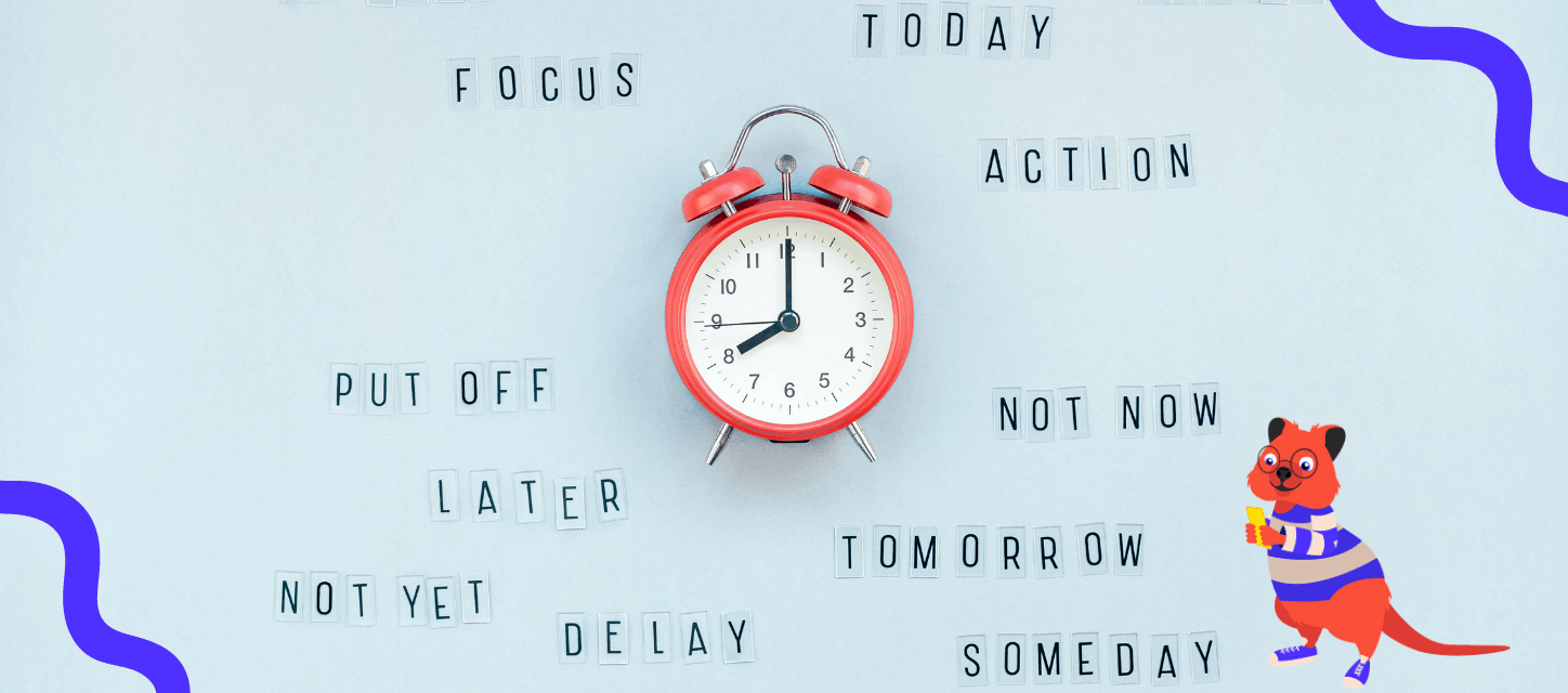 An alarm clock with words around it commonly associated with procrastination An alarm clock with words around it commonly associated with procrastination