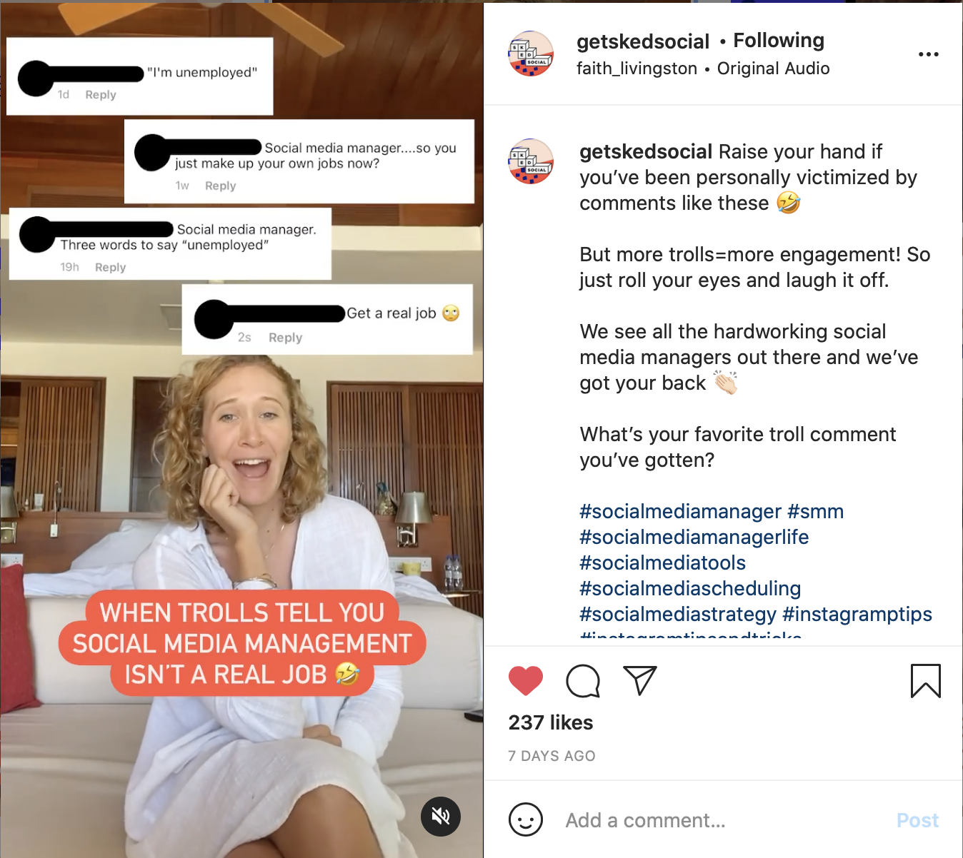 An Instagram post with a person sitting with an overlay stating When trolls tell you social media management isn't a real job An Instagram post with a person sitting with an overlay stating When trolls tell you social media management isn't a real job